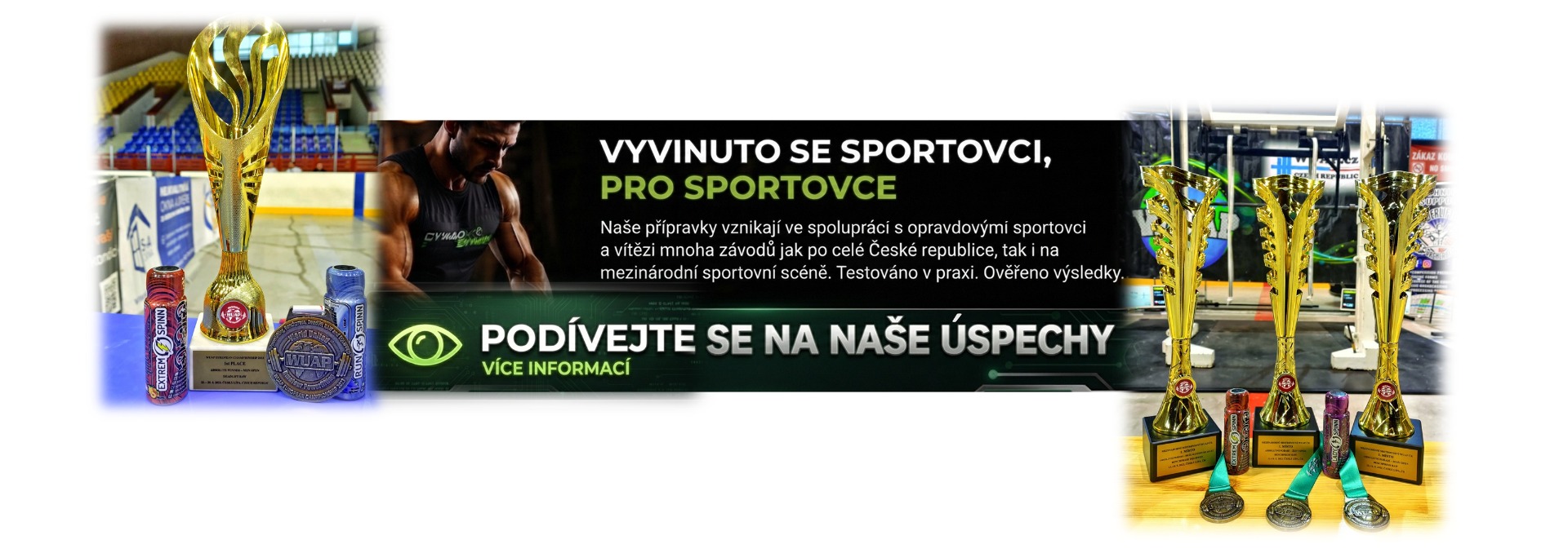 Zlaté poháry na podlaze, sportovec v hale a reklamní banner s textem o úspěších.